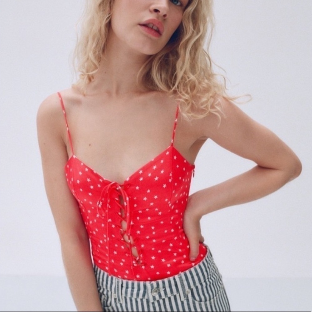 NWT Zara Satin Star Print Thong Bodysuit in Red Size Medium‎